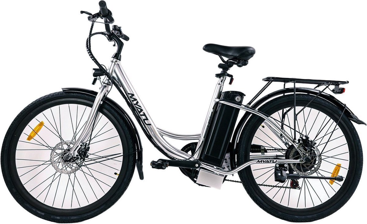 Myatu e-bike 26 inch city pedelec voor dames en heren, elektrische fiets met 12,5Ah accu, 6 versnellingen Shimano, derailleur versnellingen, achter motor 250 W-Zilver
