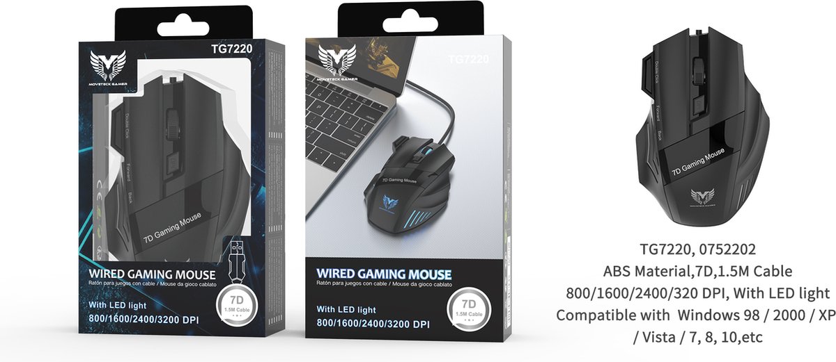 Moveteck gamer Souris Gaming Filaire - 1200 DPI- 7 LED- Câble 1.5