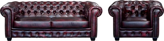 Driezitsbank en fauteuil Chesterfield BRENTON 100% buffelleer - cherry L 201 cm x H 73 cm x D 96 cm