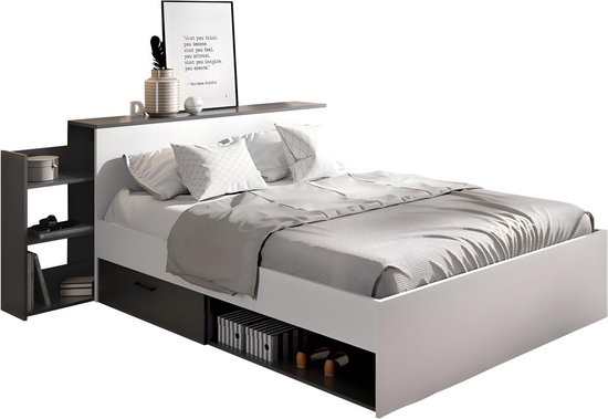 Bed met hoofdeinde bed, opbergruimte en lades - 140 x 190 cm - Kleur: Wit en antraciet - FLORIAN L 223 cm x H 85 cm x D 146 cm