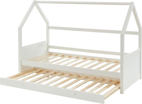 Uitschuifbed 2 x 90 x 190 cm - Grenen - Wit - HURRA L 202 cm x H 143 cm x D 97 cm