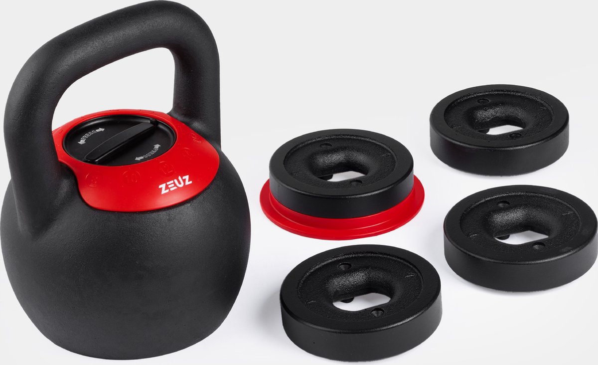 ZEUZ Verstelbare Kettlebell tot 16 KG – Fitness Sport Set – 8, 10, 12, 14 & 16KG Conditie & Krachttraining – Halters – Gietijzer – Zwart & Rood – foto 2