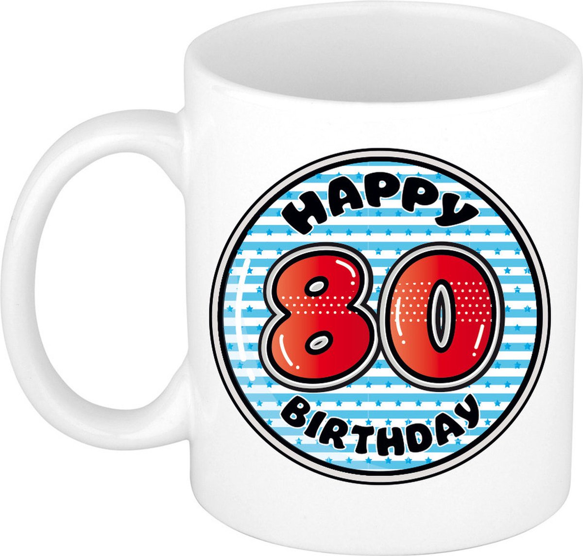Bellatio Decorations Verjaardag cadeau mok - 80 jaar - blauw - gestreept - 300 ml - keramiek