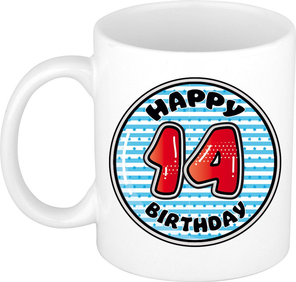 Bellatio Decorations Verjaardag cadeau mok - 14 jaar - blauw - gestreept - 300 ml - keramiek