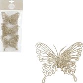 House of Seasons decoratie vlinders op clip - 3x stuks - champagne - 10 cm