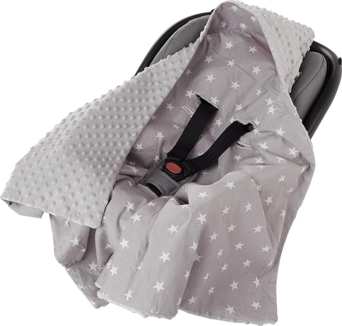 Partners inbakerdeken 100% katoen 85x85cm knuffeldeken voor kinderwagen babyzitje universele babydeken dubbelzijdig babydeken buggy autostoel (witte sterren met grijze minky