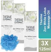 Therme - Skincare- Massage Olie - 3 x 125 ml - Inclusief Douche Puff - Zen White Lotus - met Macadamia Olie - Voordeelverpakking
