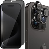 Privacy Screenprotector geschikt voor iPhone 15 Pro Max - Camera Lens Screen Protector & Glas Screen Protector FullGuard Zwart