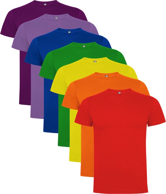 7 Pack t-shirts in Chakra kleuren Roly Dogo Premium maat M Rood, Oranje, Geel, Groen, Blauw, Lila, Paars