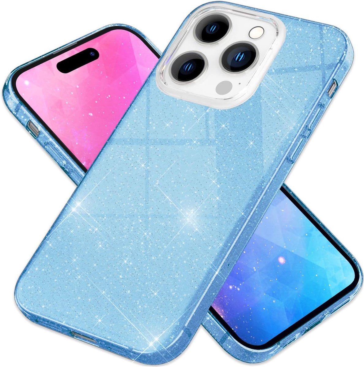 Casemania Hoesje Geschikt voor Apple iPhone 15 Pro - Blauw - Glitter Back Cover