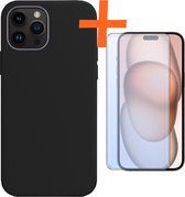 Hoesje Geschikt voor iPhone 15 Pro Max Hoesje Siliconen Cover Case Met Screenprotector - Hoes Geschikt voor iPhone 15 Pro Max Hoes Back Case - Zwart