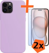 Hoesje Geschikt voor iPhone 15 Pro Max Hoesje Siliconen Cover Case Met 2x Screenprotector - Hoes Geschikt voor iPhone 15 Pro Max Hoes Back Case - Lila