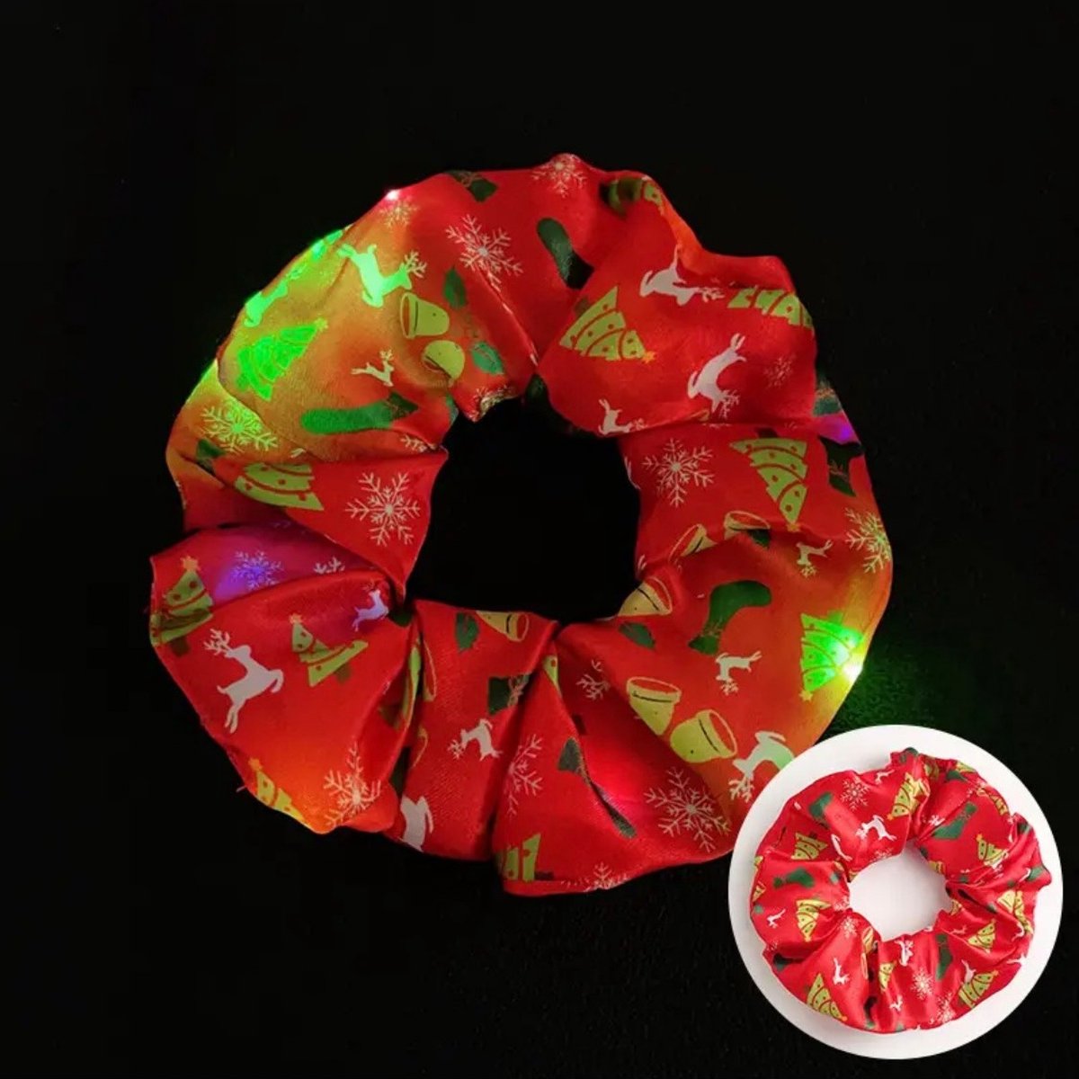 Scrunchie Kerst - Led Scrunchie Rood met kerst - Kerstdiner - 1 stuk