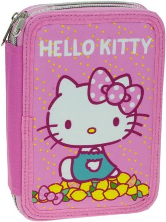 Hello Kitty Gevulde Etui - 2 Lagen - Viltstiften - Kleurpotloden - Gum - Liniaal - Potloden - Notitieboekje - Puntenslijper