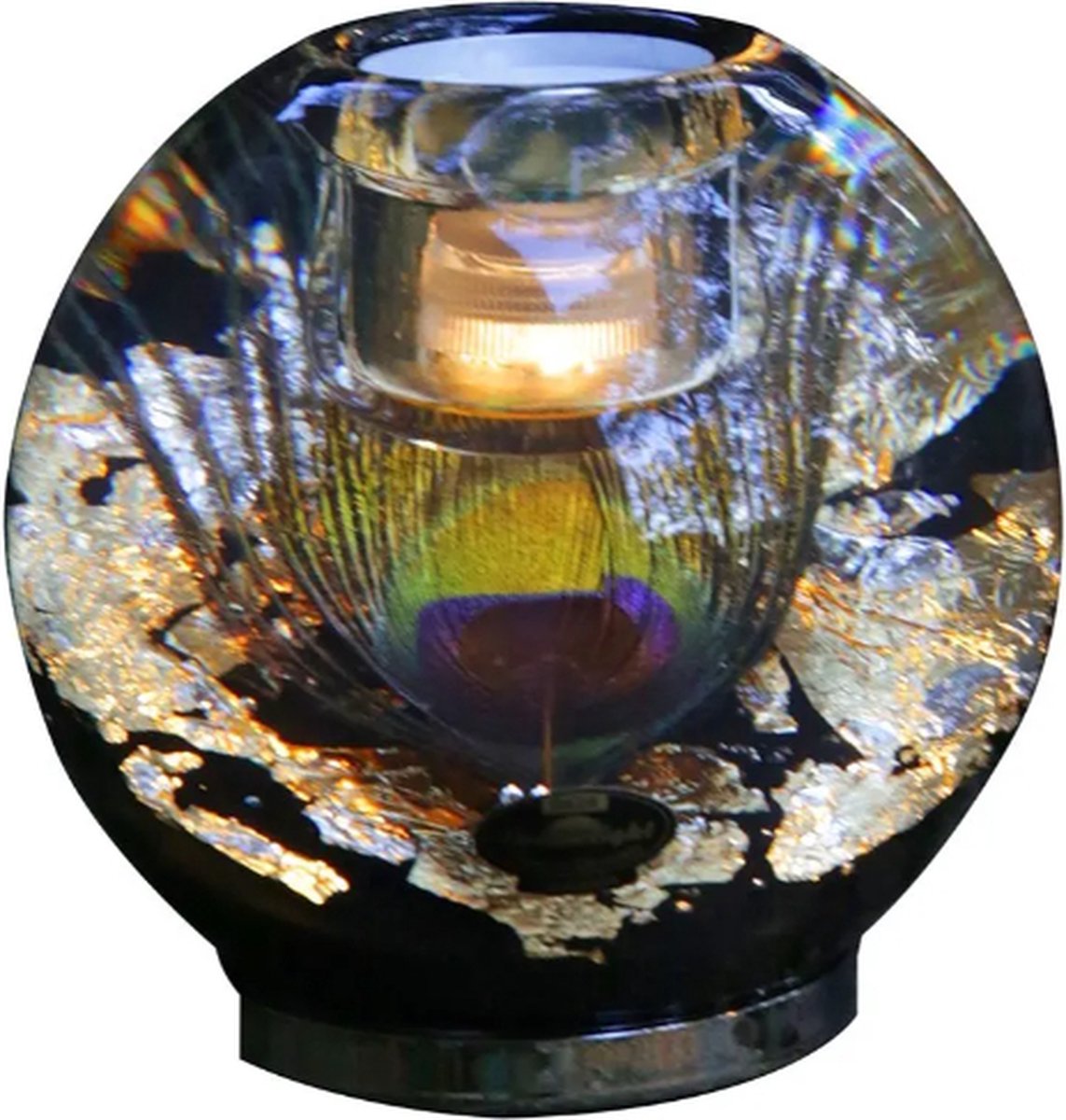 Prachtige theelichthouder met LED-verlichting - pauwenveer met gouden sparkels