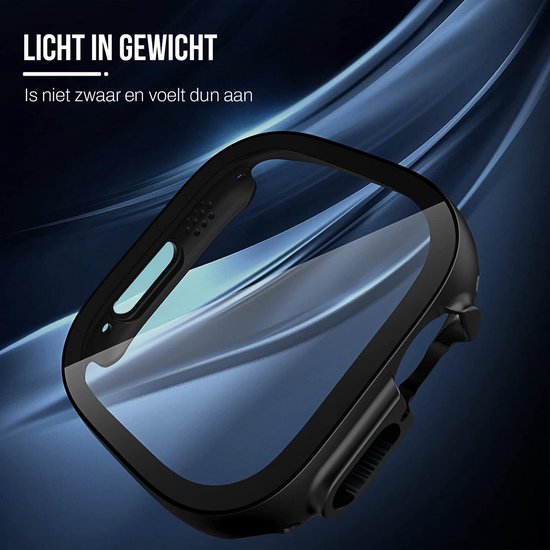 Zwarte, transparante Apple Watch Ultra 49mm hoes op een donkere achtergrond.