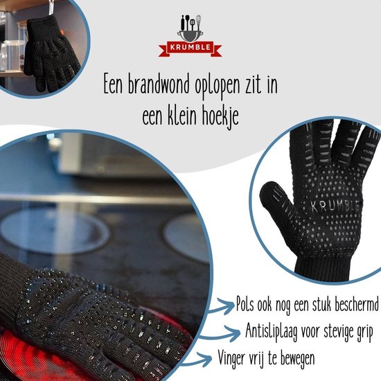 Hittebestendige BBQ & Oven Handschoen Anti Slip - Dubbel Gevoerd - Extra Lang Voor Armbescherming - 1 handschoen (maat L) - Krumble