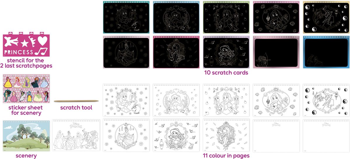 Disney Princess Totum vakantieboek doeboek prinsessen kraskaarten en kleurboek | scratch art en kleurplaten 25-delig harde kaft | speelgoed meisjes vanaf 3 jaar — afbeelding 4