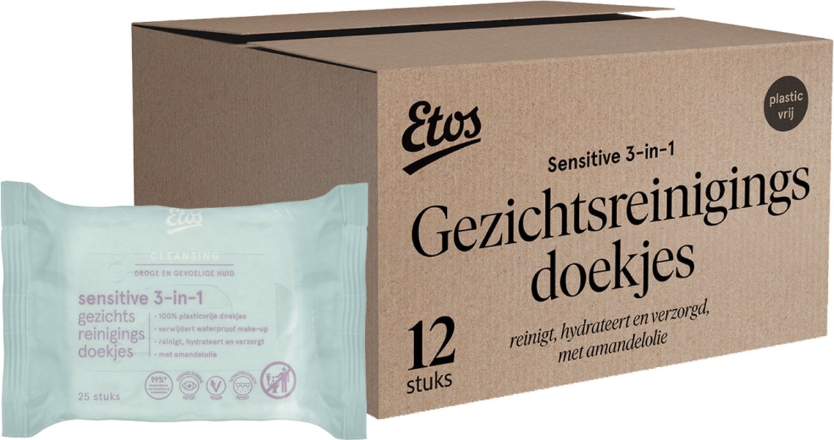 Goedkoopste Etos Plasticvrije gezichtsreinigingsdoekjes 3-in-1 - Sensitive - 12x25 stuks