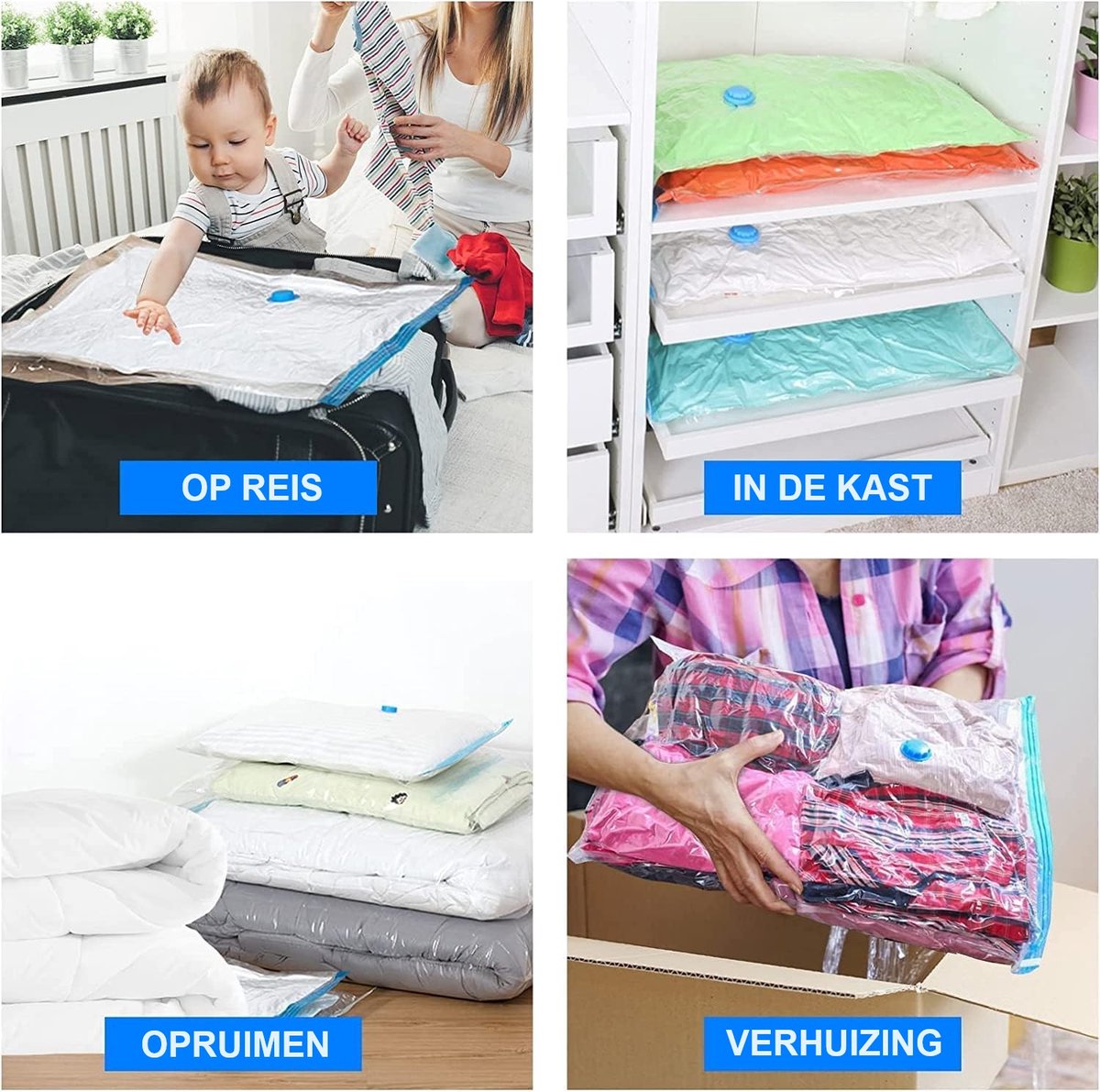 Vacuümzakken, 12 stuks, handgerold, opbergzakken, vacuümcompressiezakken, reizen, vacuümzakken, vacuümzak, opslag, kleding, reizen, herbruikbaar, geen pomp nodig
