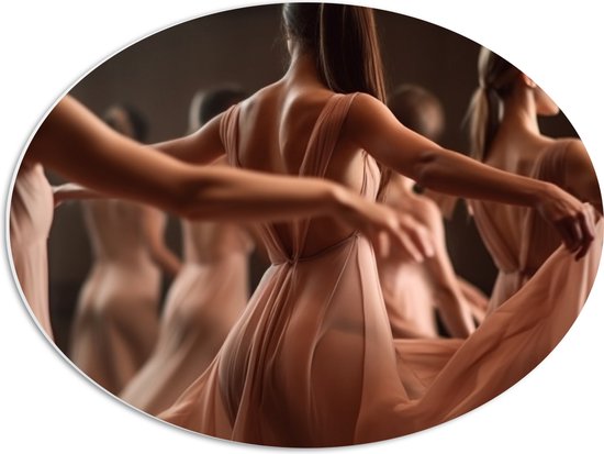 PVC Schuimplaat Ovaal - Elegante Vrouwen in Jurken aan het Dansen - 56x42 cm Foto op Ovaal (Met Ophangsysteem)