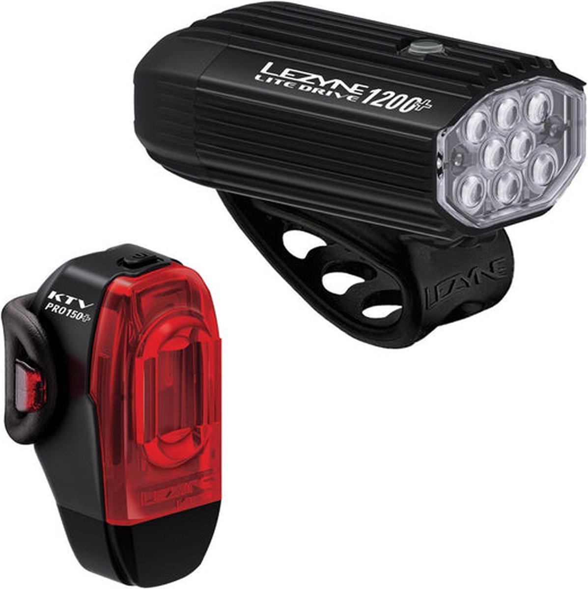 Lezyne Lite Drive 1200 + KTV Drive Pro+ - Fietsverlichting set - Fietslampen voor en achter - Fietslicht - Waterbestendig - 1200 lumen - Zwart
