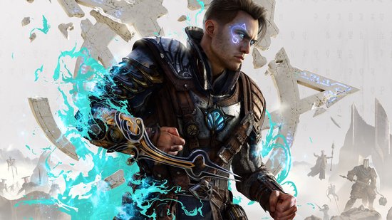 Een man in harnas met blauwe gloeiende runen op zijn gezicht, omringd door blauwe energie en ruïnes.