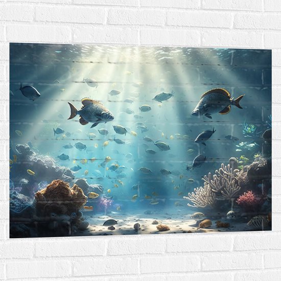 Muursticker - Groep Tropische Vissen in de Heldere Zee - 100x75 cm Foto op Muursticker