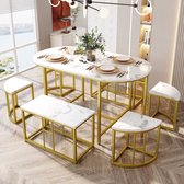 Set tafel en stoelen - eettafel met 4 kleine krukjes en 2 grote krukjes - keuken eettafelset met verguld ijzeren onderstel - MDF zitting - wit en Golden - draagvermogen 120 kg