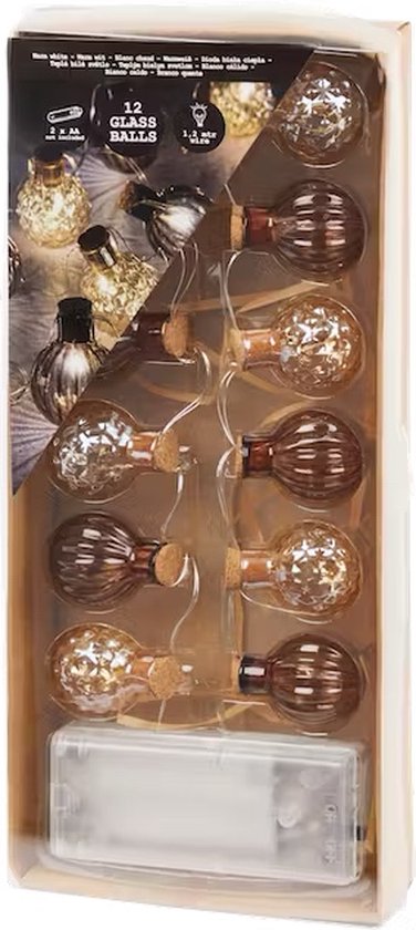 Guirlande lumineuse avec boules de verre 120 cm | boules marron/crème - 12 boules - lumière blanc chaud
