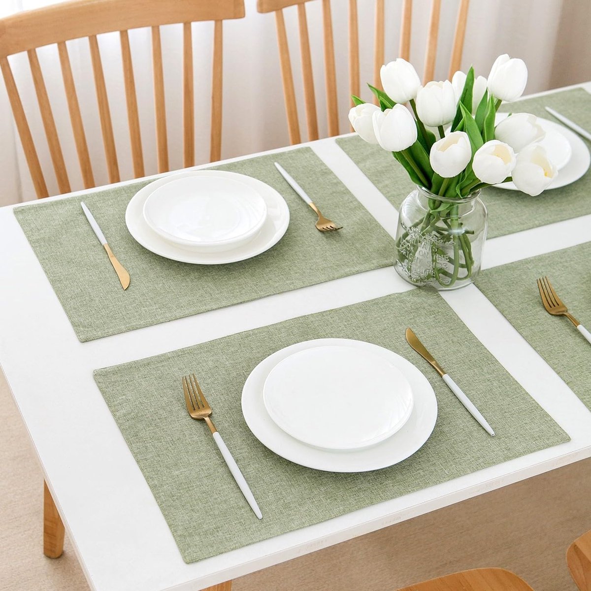 Set De 4 Napperons Aspect Lin - 45x30 Cm, Lavables, Anti-Chaleur - Polyester Épais Pour Table (Vert)