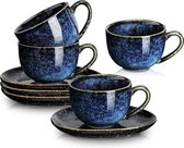 Set van 4 keramische cappuccinokopjes met schoteltjes voor Au Lait Double Shot Latte Cafe Mokka thee 185 ml (sterblauw)