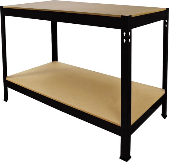 Een werkbank met een zwart metalen frame en twee bruine planken.