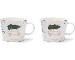 foto van Riviera Maison Mok, Kerstmok, Koffiemok, Theemok met oor - RM Driving Home For Christmas Mug 300 ml - wit - set van 2 stuks