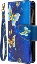 Telefoonhoesje geschikt voor Samsung Galaxy A21s - Portemonnee met rits - book-case hoesje - ruimte voor 9 pasjes - goud blauw vlinders