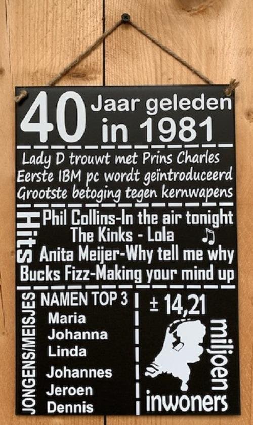 Zinken tekstbord 40 jaar geleden in 1981 - Antraciet - 20x30 cm. - verjaardag - jubileum - 40 jaar getrouwd