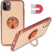 iPhone 11 Pro Max Hoesje Rosegoud - Siliconen Back Cover met Ring Kickstand - Geschikt voor Magneet Houders