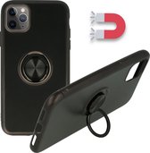 HB Hoesje Geschikt voor Apple iPhone 11 Pro Max Zwart - Siliconen Back Cover met Ring Kickstand - Geschikt voor Magneet Houders
