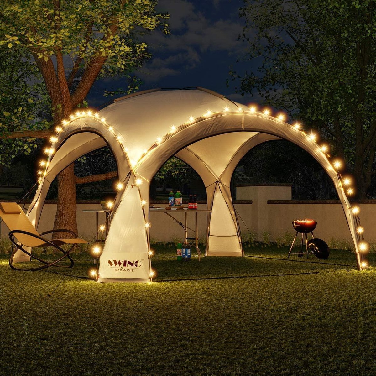 Bobby's Swing & Harmonie LED Partytent - Tuinpaviljoen incl. zonnepaneel - Paviljoen - Designer - Tuintent - Camping - Partytent met verlichting - Antraciet - 3,6 x 3,6 m