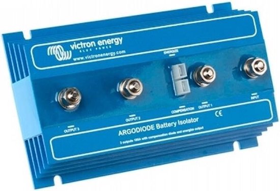 Blauwe Victtron Energy Argodiode Battery Isolator met 3 outputs, schakelaar en schroefterminals.