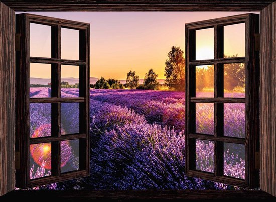 Foto: Tuinposter doorkijk door openslaand venster naar een lavendelveld 130x95 cm tuindoek tuinposter doorkijkje doorkijk tuinposter tuinschilderij lavendel tuinposter bloemen tuinposter lavendel lavendelveld extra groot