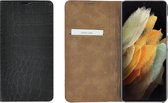 Samsung Galaxy S21 Ultra hoesje - Wallet case- Samsung S21 Ultra hoesje - Portemonnee Bookcase Ultra dun Echt leer Croco Zwart