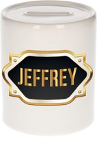 Jeffrey naam cadeau spaarpot met gouden embleem - kado verjaardag/ vaderdag/ pensioen/ geslaagd/ bedankt