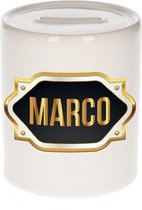 Marco naam cadeau spaarpot met gouden embleem - kado verjaardag/ vaderdag/ pensioen/ geslaagd/ bedankt