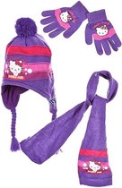 Hello Kitty Winterset - Model "Bubble Gum" - Peruviaanse Muts, Sjaal & Handschoenen - Paars - 52 cm - Polyacryl