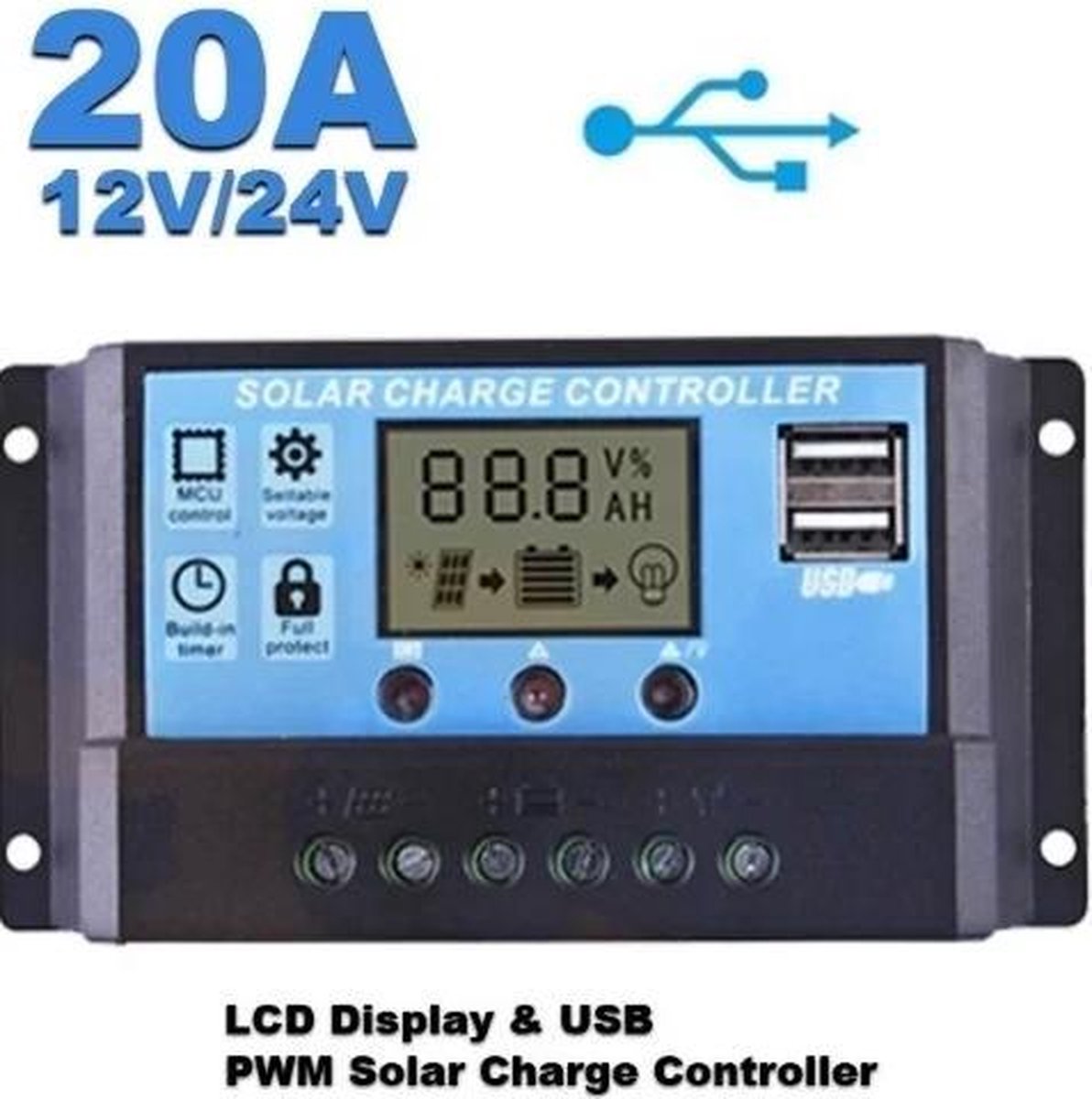 Solar Laadregelaar 20 AMP - LCD DC 12V - 5V USB - Zonnepaneel - Levay ®