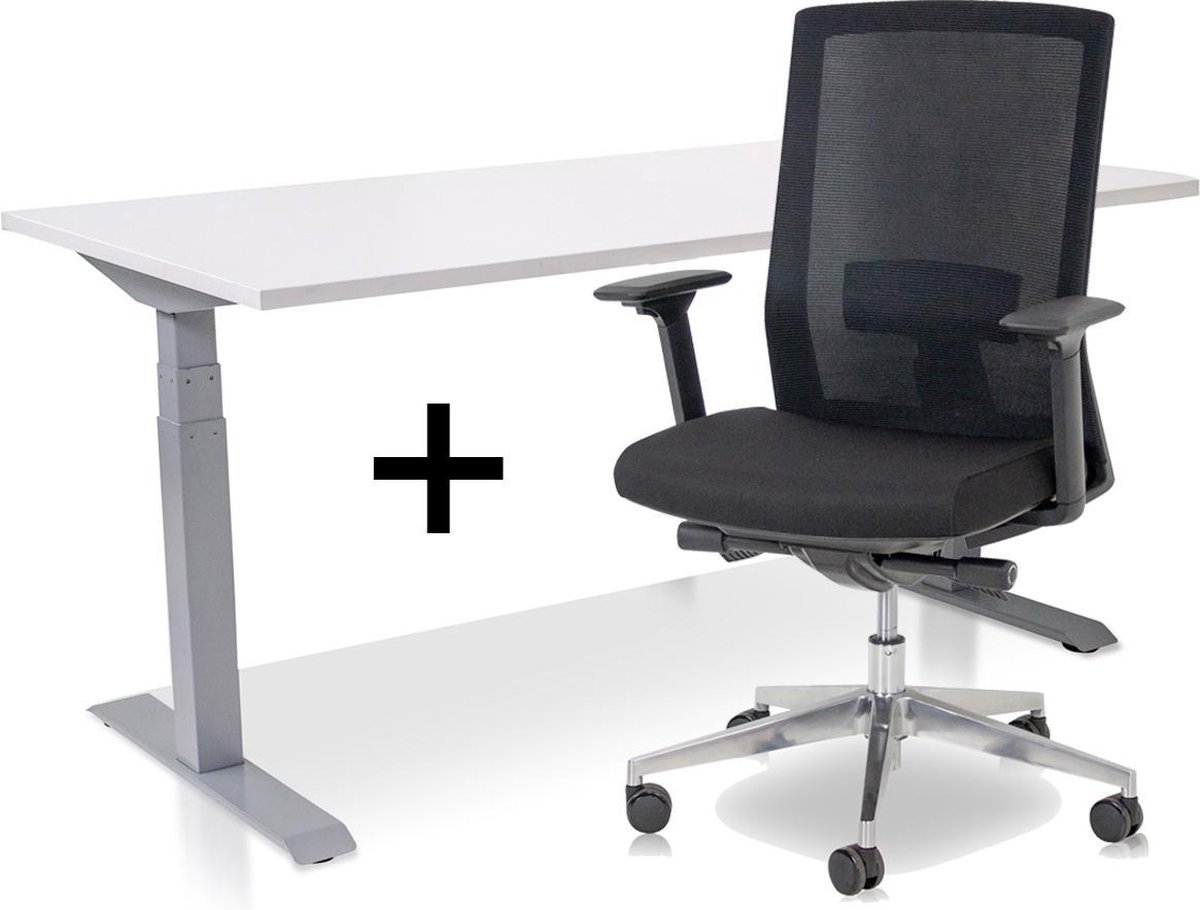 Zit-sta bureau elektrisch verstelbaar + ERGO Bureaustoel | ARBO PRO Thuiswerkset | frame bureau aluminium - bureaublad wit | 120x80 cm