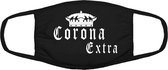 Corona extra mondkapje | grappig | bier | virus | vaccinatie | gezichtsmasker | bescherming | bedrukt | logo | Zwart mondmasker van katoen, uitwasbaar & herbruikbaar. Geschikt voor OV