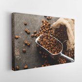 Cup of coffee, bag and scoop on old rusty background - Modern Art Canvas - Horizontal - 326070713 - 50*40 Horizontal