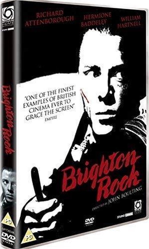 DVD-hoes met zwart-witafbeelding van een man die wijst, getiteld "Brighton Rock". Bevat tekst "ONE OF THE FINEST EXAMPLES OF BRITISH CINEMA EVER TO GRACE THE SCREEN"